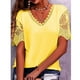 thumbnail image 2 of Blusa casual de manga corta con cuello en V y ribete de encaje de color puro para mujer para uso diario, 2 of 4