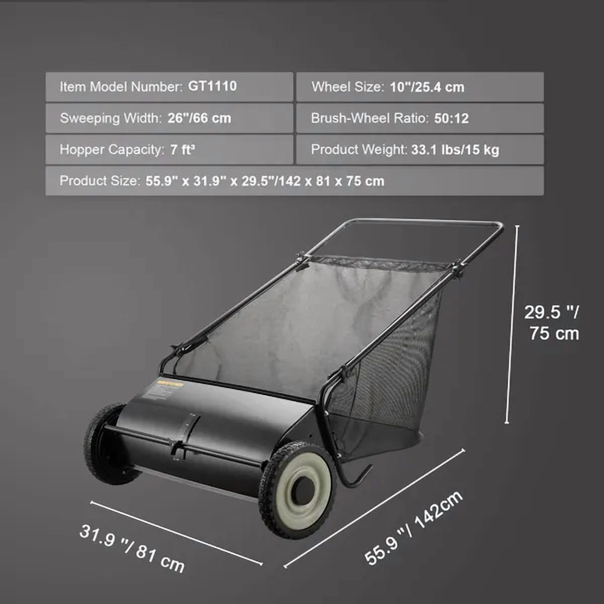 Unbranded 26" 7 Cu Ft Push Lawn Sweepers with 4 Brushes, Strong Rubber Wheels, Sturdy Steel Construction