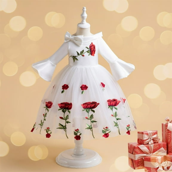 NAISIBABY Girls Princess Dress, Floral Mesh Ruffled Sleeve Wedding Birthday Dress Kids Prom Maxi Dress White 9T