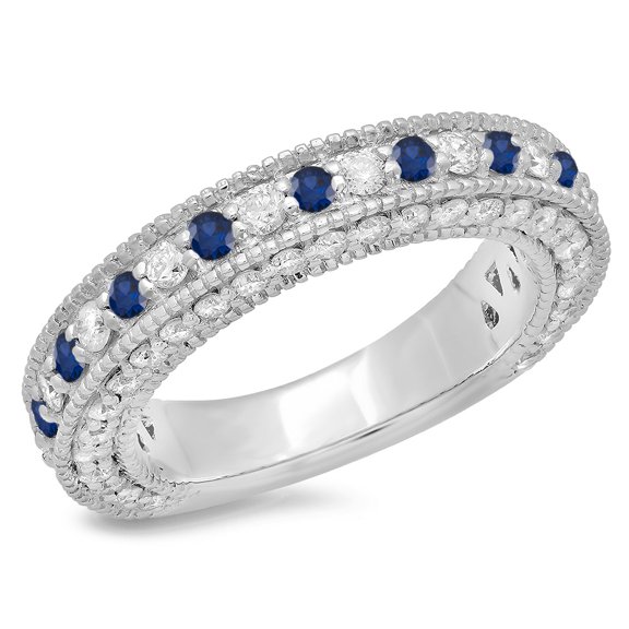 Dazzlingrock Collection 14K Blue Sapphire & White Diamond Millgrain Anniversary Wedding Stackable Band, White Gold, Size 6