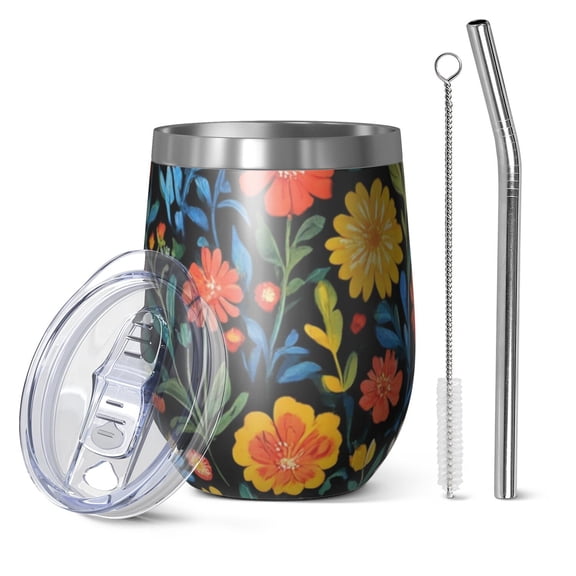12oz Stemless Wine Tumblers Pioneer Flower Floral Print Pattern Vacuum Insulated Stainless Steel Travel Tumbler Cups Mug with Lid and Straw for Champaign,Cocktail,Beer with Cleaning Brush