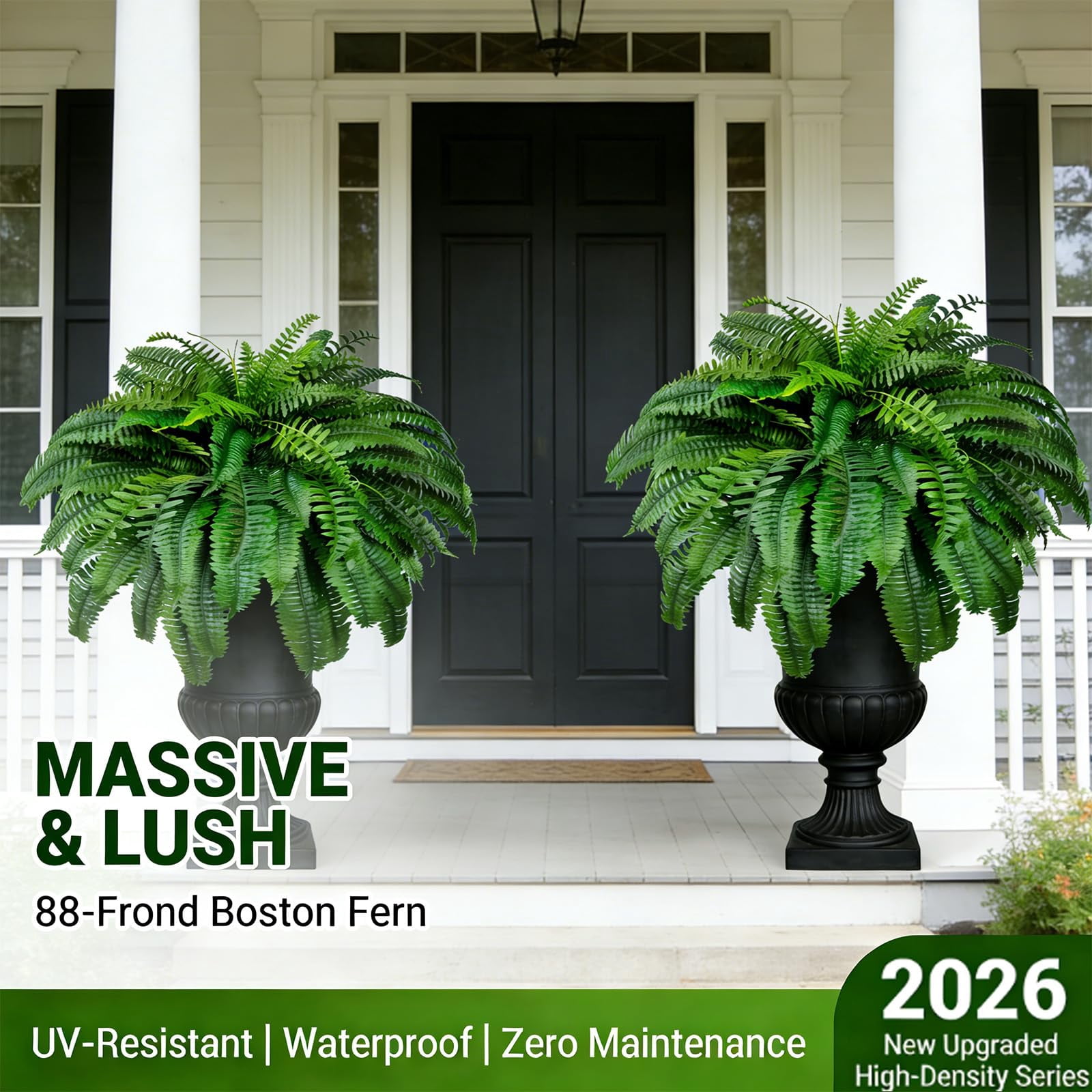 Large Artificial Fern for Outdoors, UV-Resistant Fake Ferns (28/38/60/88 Fronds) - Realistic Faux Greenery, Fade-Proof Outdoor Plants for Porch & Hanging Baskets