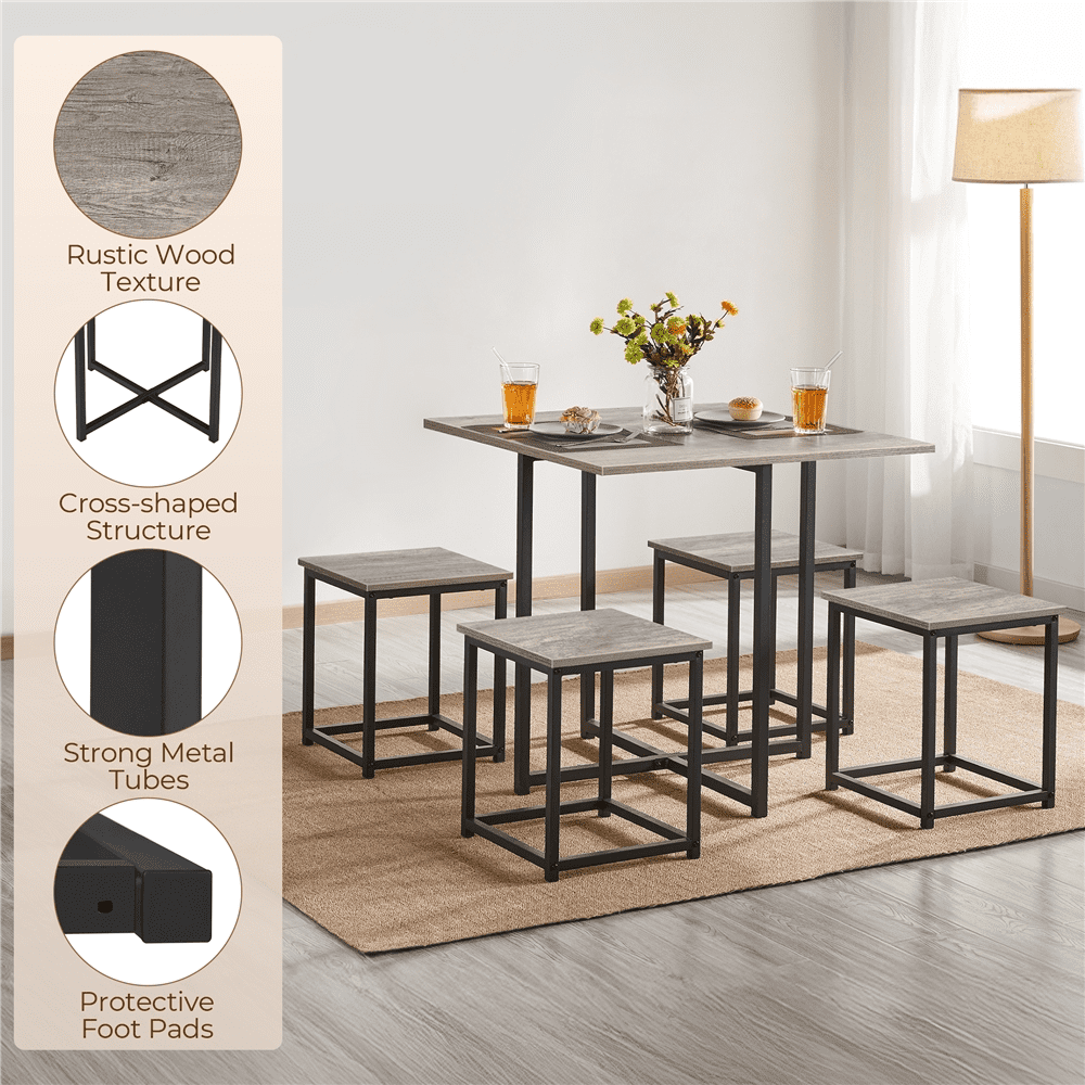 Renwick 5-Piece Dining Set with Industrial Square Table and 4 Backless Chairs, Gray