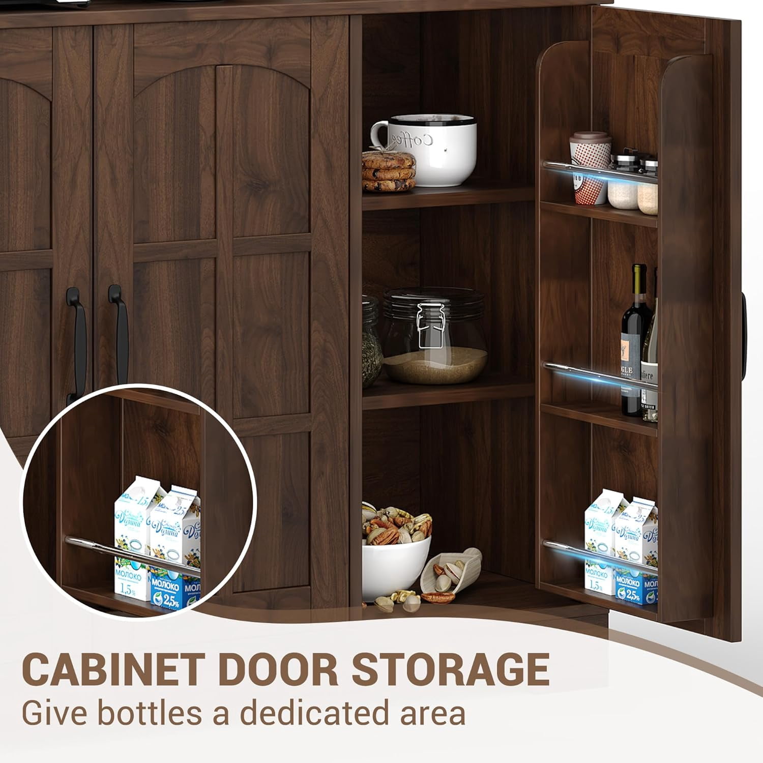 Pantry Cabinet with Charging Station, Tall Kitchen Pantry Storage Cabinet with Hutch,70.9 Inch Kitchen Cabinet with Glass Doors, for Dining Room