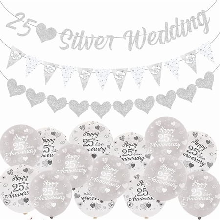 25th Anniversary Decorations, 25th Silver Wedding Glitter Banners, 25th Anniversary Bunting Flag and Balloons for Anniversary Party Supplies