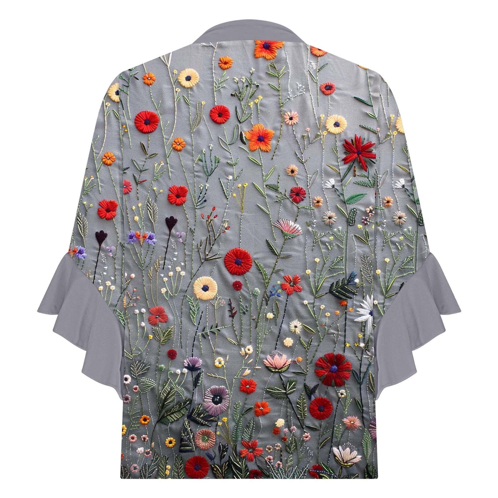 TaTaai T Shirts for Women 3/4 Sleeve V Neck Lace Detail Pleated Button Down Print Loose Tee Soft Stretchy for Brunch