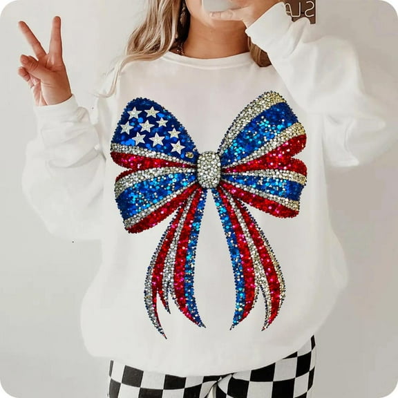 Faux Rhinestone USA Coquette Bow Sweatshirt, Girly Red White Blue 4th of July Pullover, Patriotic American Girl Memorial Day Crewneck
