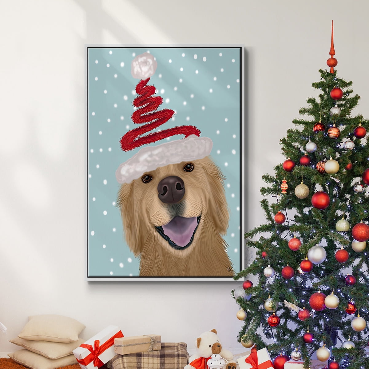 Christmas Golden Retriever and Spring Santa Hat - Framed Gallery Wrapped Holiday Canvas - 27 x 41 - White Frame