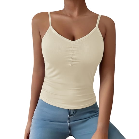 QASIEATN Women's Solid Color V Neck Tank Tops with Built in Bra Casual Camisole Summer Clothing Vest for Women