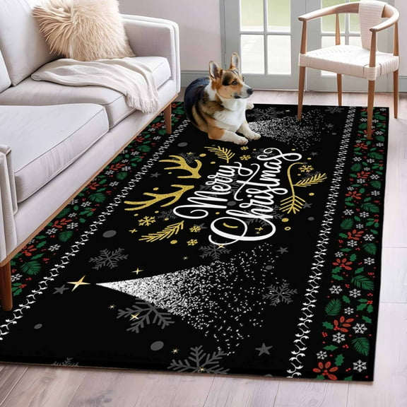 Christmas Elk Area Rug 3x5 Washable Rug Non Slip Winter Snowflake Xmas Tree Leaf Black Large Area Rug Indoor Floor Carpet for Entryway Bedroom Kitchen Living Room Home Office Dining Room Nursery