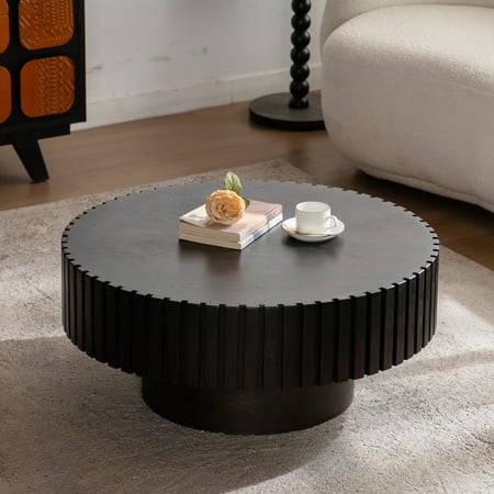 31.5 Round Coffee Table Wood Fluted Circle Center Sofa Table Modern Center Table Handcrafted Relief for Living Room Walnut+Black