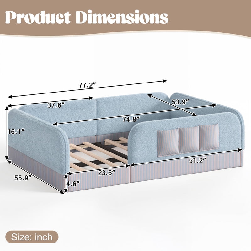 Full Size Kid's Upholstered Floor Bed Frame, Montessori-Style Low Profile Platform Bed with Safety Guardrail & Storage Pockets