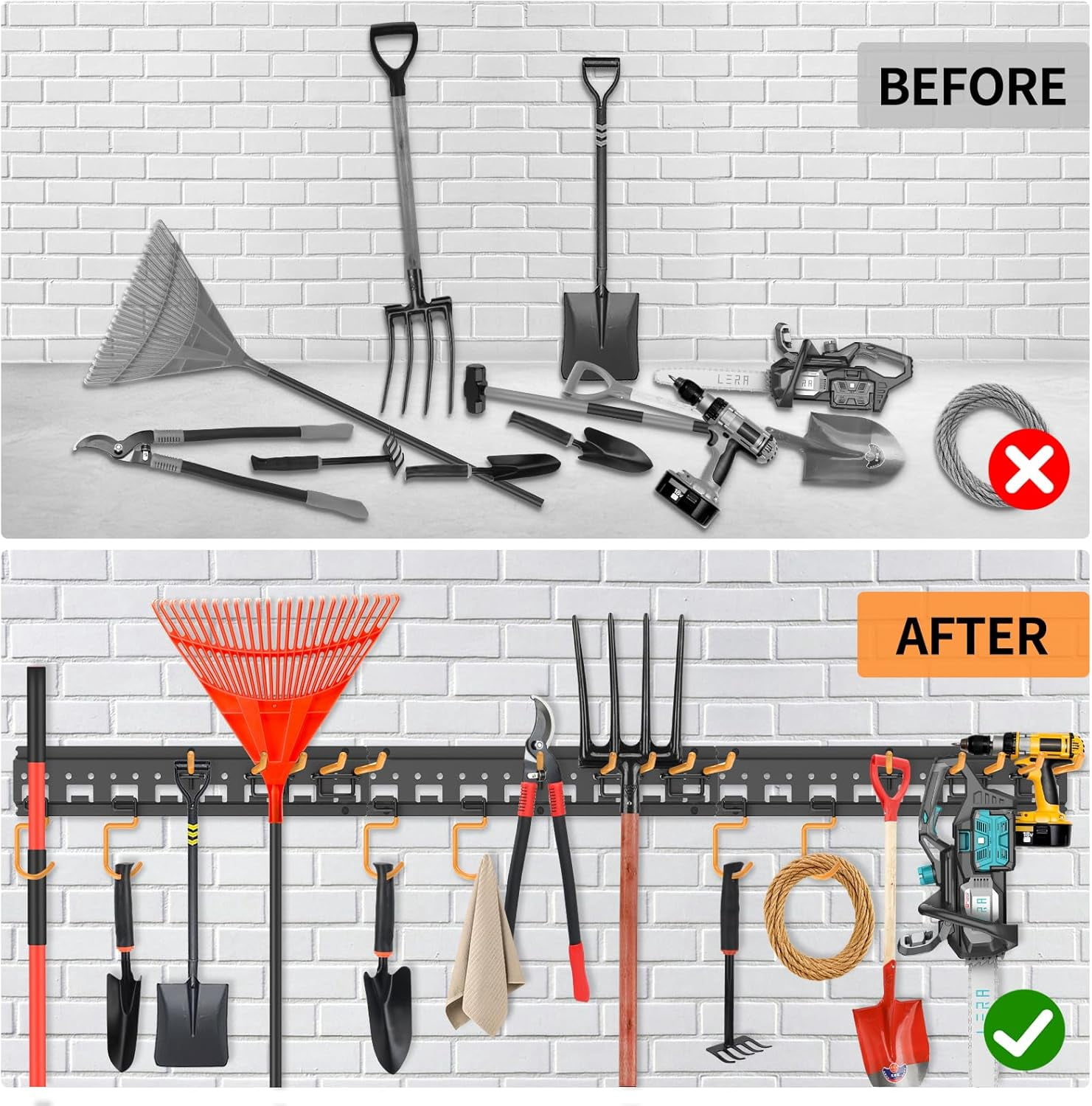 Garden Tool Organizer Wall Mount - Heavy Duty 64 Inch Garage Storage with Adjustable Pegboard Hooks, Black