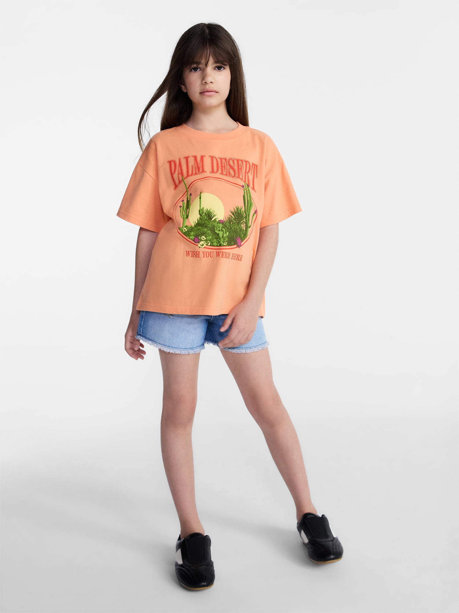 Weekend Academy Girls Oversized Graphic Cotton Tee with Short Sleeves, Sizes 4-18