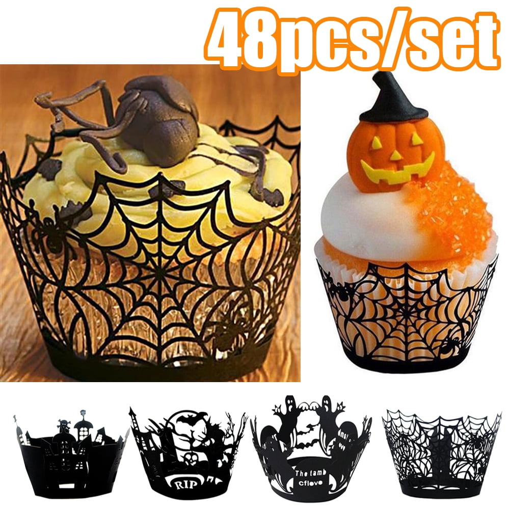 48Pack Cupcake Wrappers Giveme5 Pack of 48 Halloween Party Creepy Ghost Laser Cut Paper Cupcake Wrappers Wraps Liners Black 