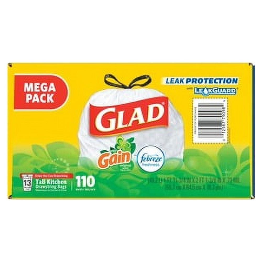 Glad Small Kitchen Drawstring Trash Bags 13 gal - 25.38 ft Width x 33.75 ft Length x 0.72 mil (18 Micron) Thickness - White - 110/Box - Home, Office, Kitchen, Breakroom