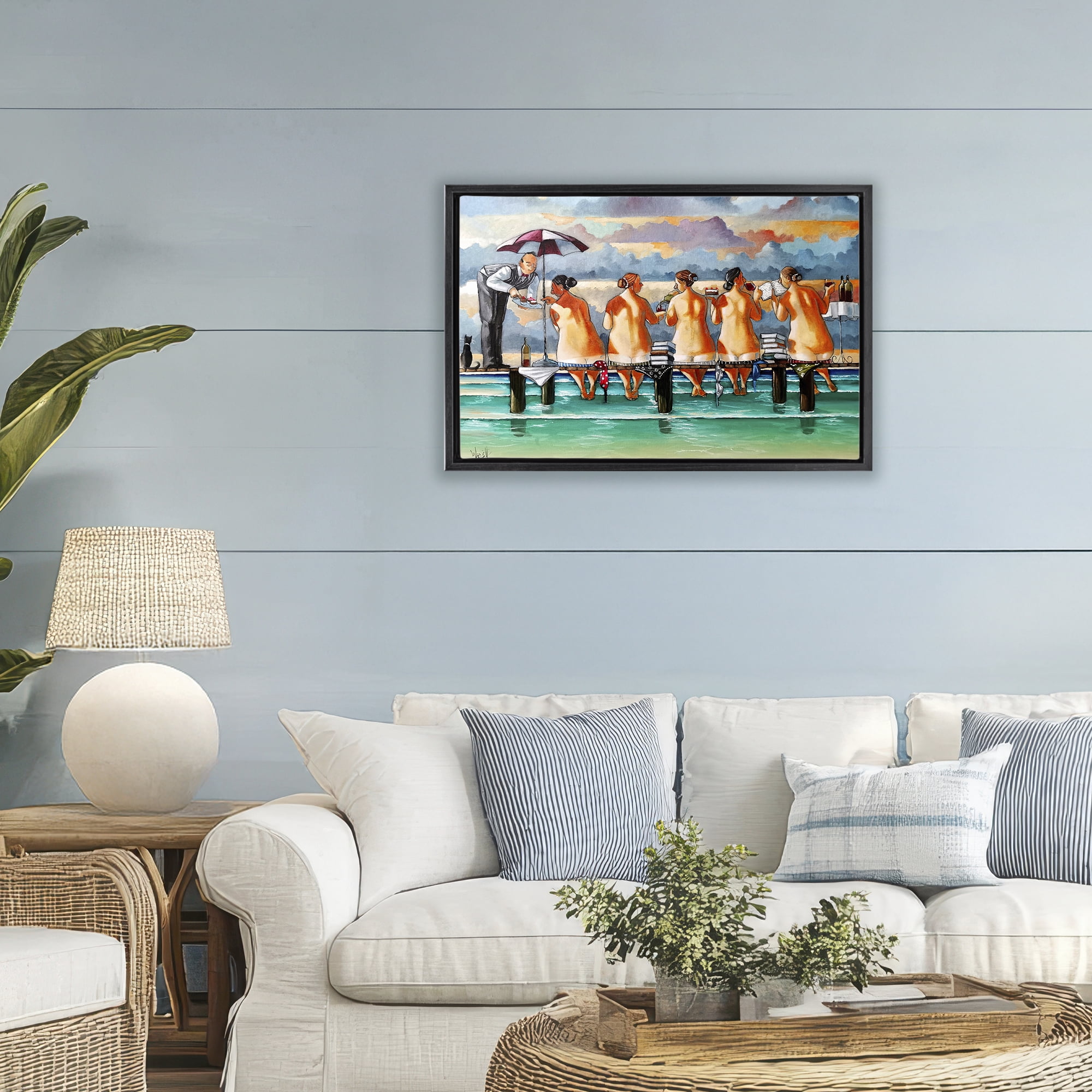 The Book Club Beachgoers Black Framed Floater Canvas Wall Art, design by Ronald West