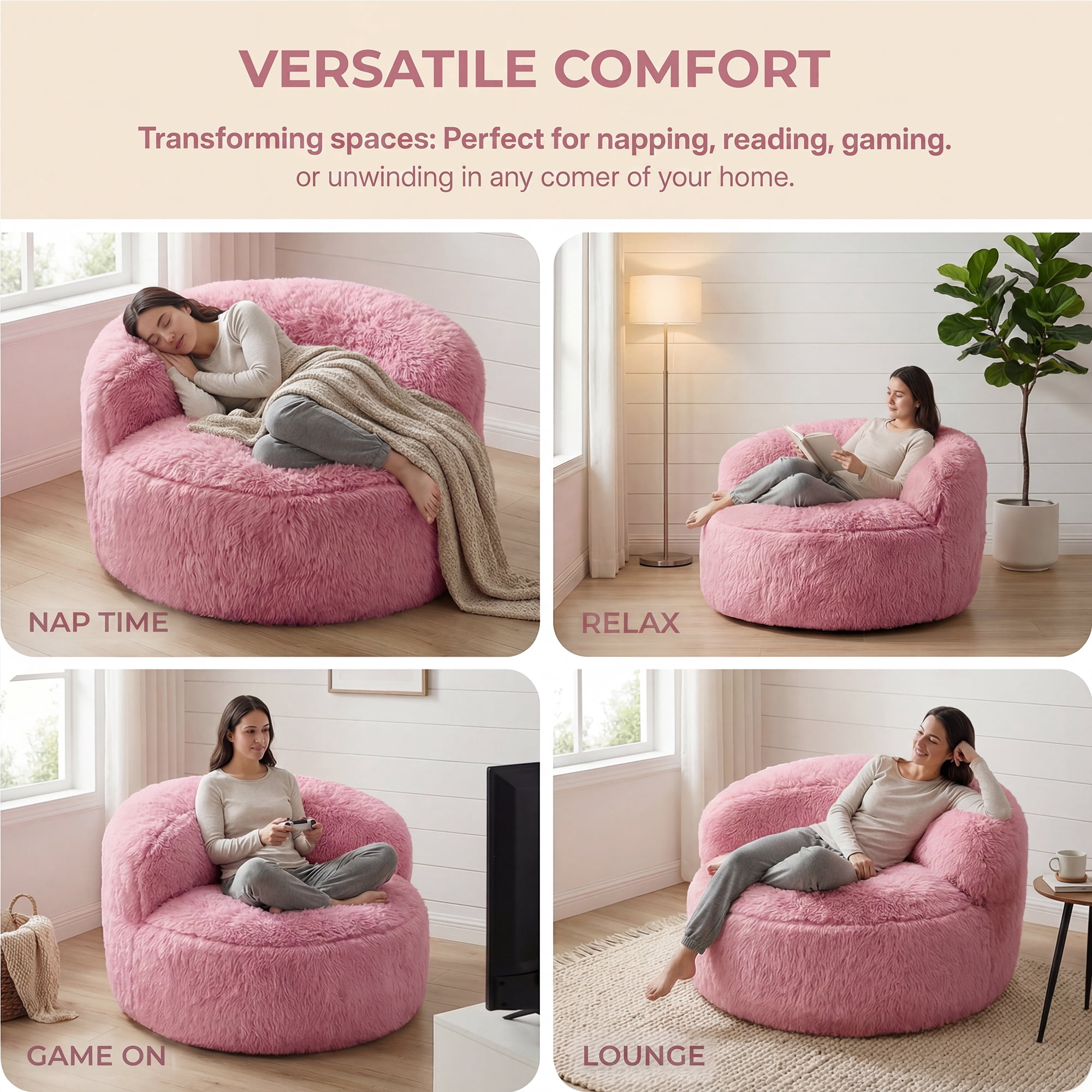 Fulsmile Bean Bag Chair Large Plush Chairs for Adults Giant Beanbag Chair Bean Bag Sofa with Stuffed Memory Foam Oversized Bean Lounger Chair for Reading Gaming Relaxing, Pink