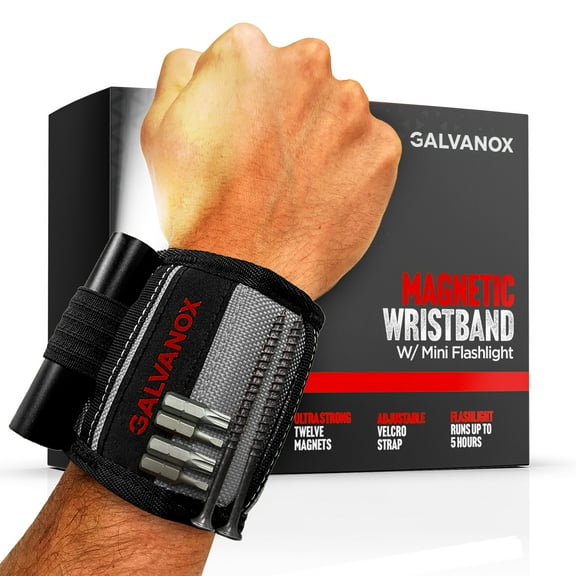 Galvonox Magnetic Wristband with LED Flashlight - Nylon Wrist Magnet for Tools, Screws and Nails with Adjustable Work Light - Great Gift for Men, Father, Handyman (Black)
