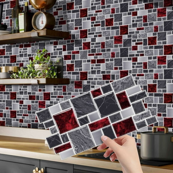 12Piece Self Adhesive DIY Tiles Stickers 9.68 x 4.72inch Gray and Red Marble Mosaic Wall Decals Peel and Stick Waterproof Backsplash Modern Decor