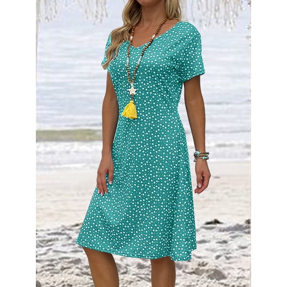 Nyfairy Women's Teal Heart Print V-Neck Short Sleeve Midi Dress for Summer