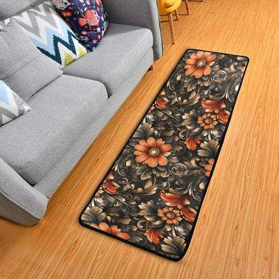 Red Flowers and Swirls Leaves Hallway Runner Rug 2'X6' Non-Slip Washable Carpet Runner Kitchen Entryway Laundry Bedroom
