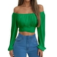 thumbnail image 2 of Off Shoulder Tops for Women 2025 Long Sleeve Ruched Tie Back Crop Top Summer Lantern Sleeve Boho Shirt Blouse, 2 of 8