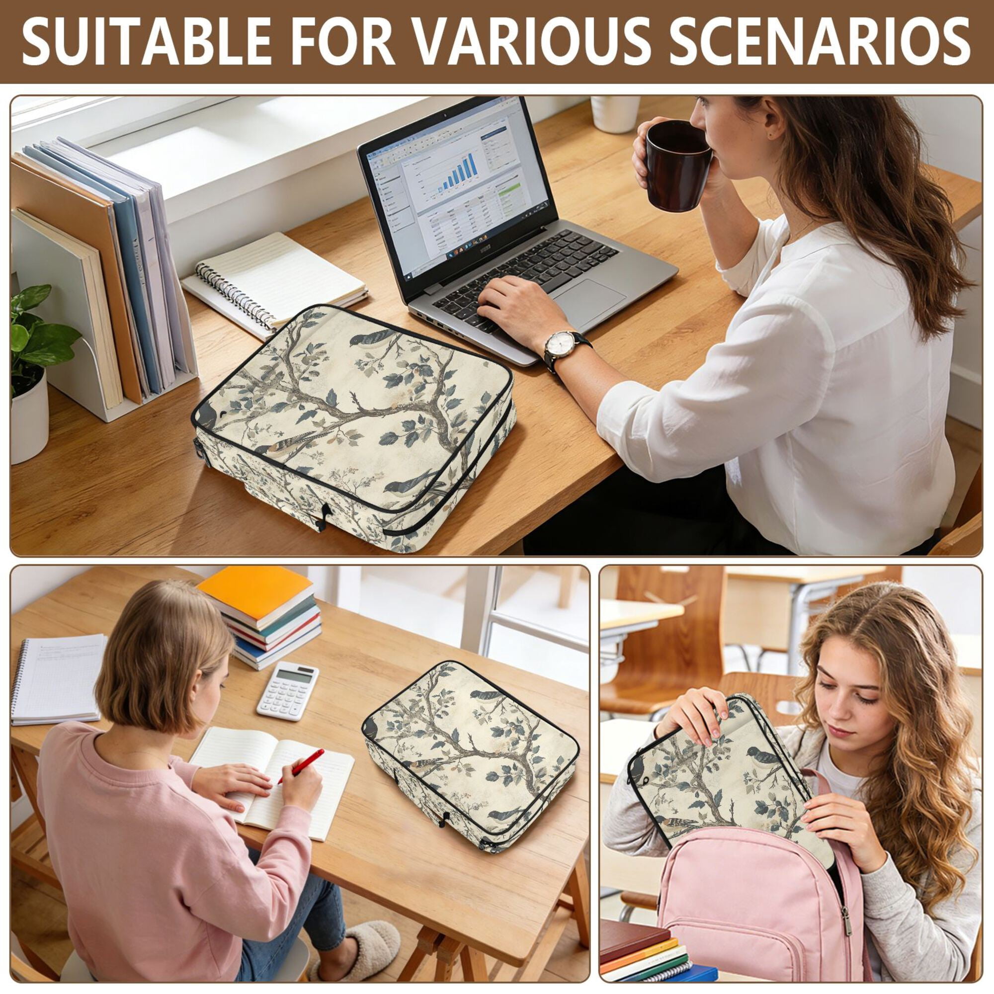 FORMRS Accordion File Folder A4 Size 7-Pocket Expanding Document Organizer Bag with 3 Ring Binder, Beige Birds