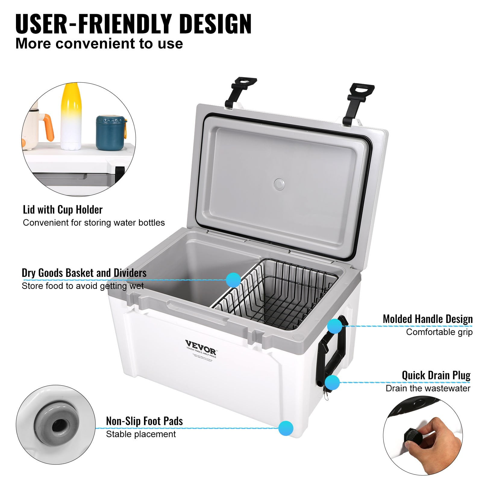 Segmart 65QT Hard Insulated Portable Cooler for Camping, Ultra-Light Insulated Ice Chest Box with 2 Wheels, Leak-Proof Cooler for Drink, Beverage, Beach, Camping, Picnic, Barbecue, White