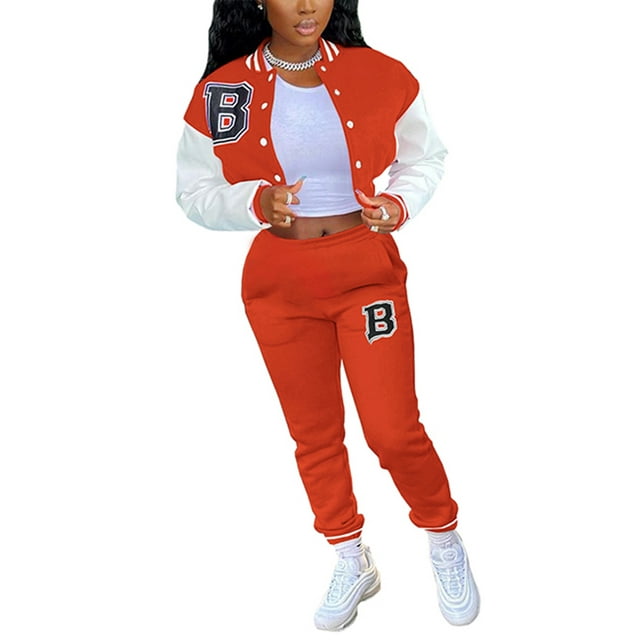 xiaxaixu 2Pcs Women Fall Tracksuit, Letter Embroidery Long Sleeve Snaps Short Jacket + Casual Pants Set, S/M/L/XL/XXL