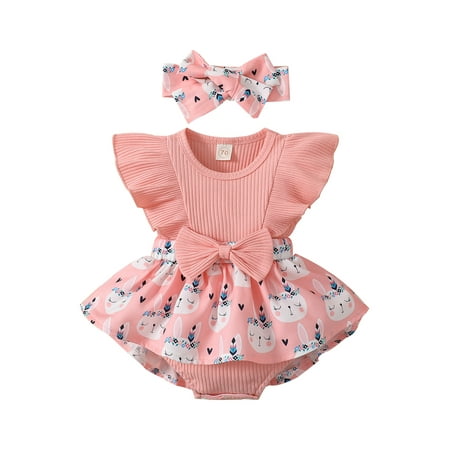 

Easter Infant Baby Girl Dress One Piece Ruffle Sleeve Rabbit Print Ribbed Bunny Romper Tutu A-Line Dress