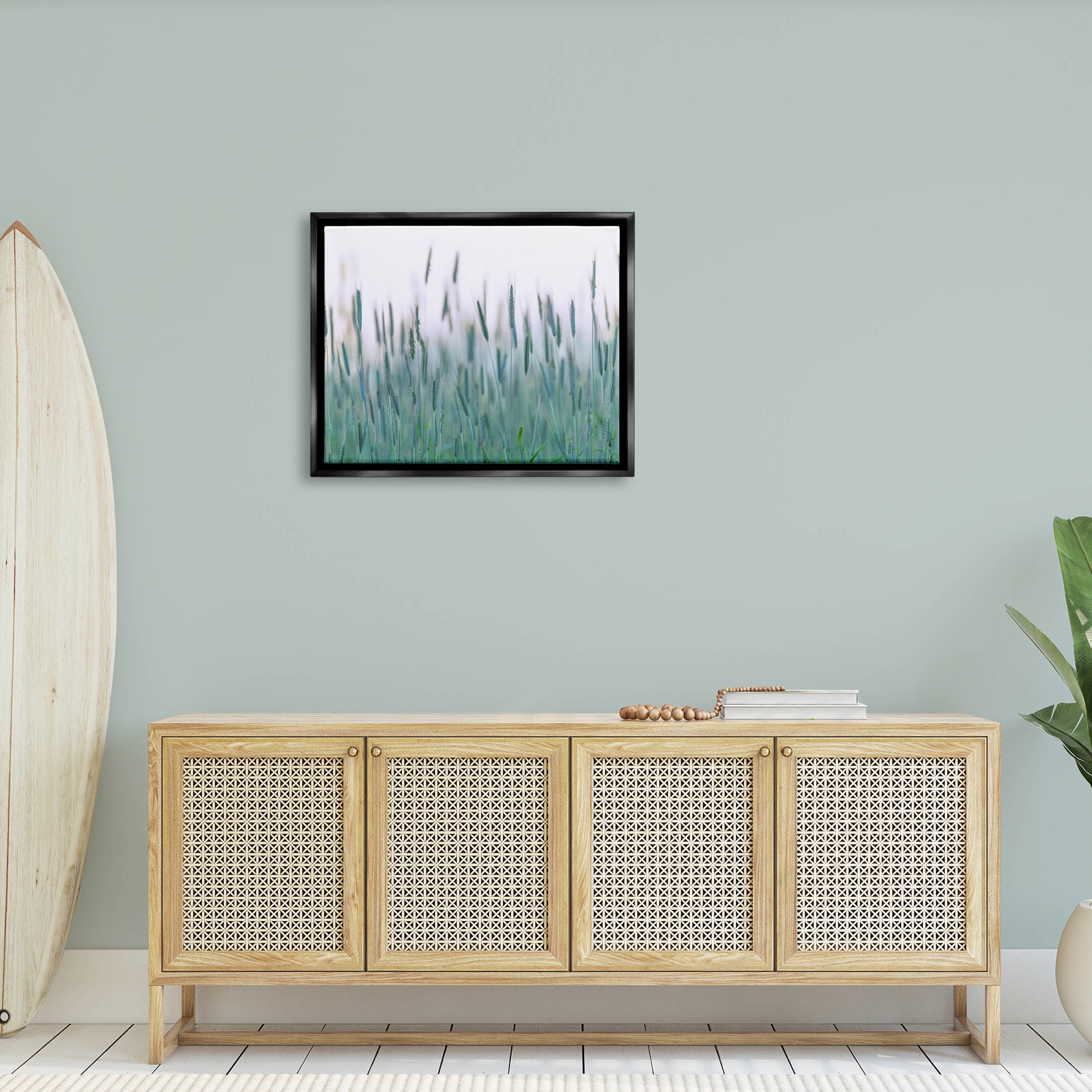 Green Wheat Field Sprigs Landscape Photograph Jet Black Framed Art Print Wall Art
