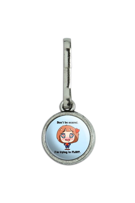 Don't Be Scared I'm Trying to Flirt Kawaii Chibi Heart Antiqued Charm Clothes Purse Suitcase Backpack Zipper Pull Aid