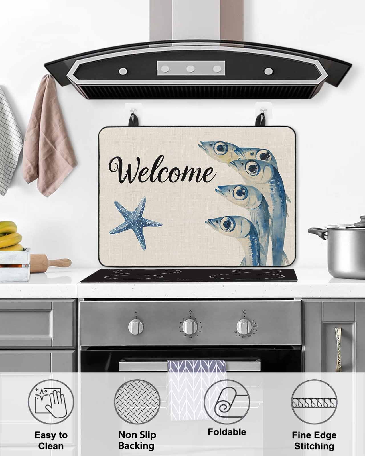 nqOlkjepod Large Induction Cooktop Protector Mat 36"x21", Ocean Fishes Stove Top Covers for Electric Stove, Underwater Animal Starfish Retro Beige Stove Burner Cover Mats, Glass Top Stove Cover