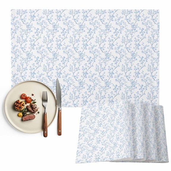 Blue Spring Floral Placemats Set of 6, Summer Botanical Watercolor Washable Wipeable Table Mats for Dining Tables, Indoor Outdoor Kitchen Place Mats for Holiday Party Table Decor