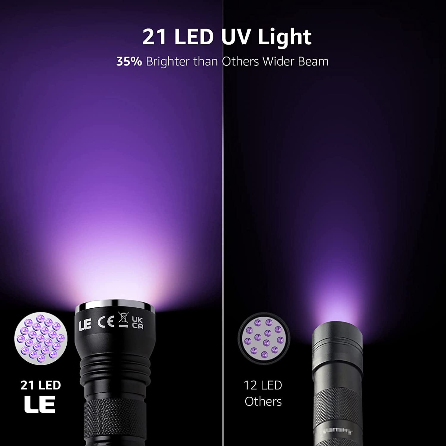 Lepro UV Black Light Flashlight with Batteries , 21 LEDs UV Light Handheld Blacklight 395nm Detector for Pet Urine