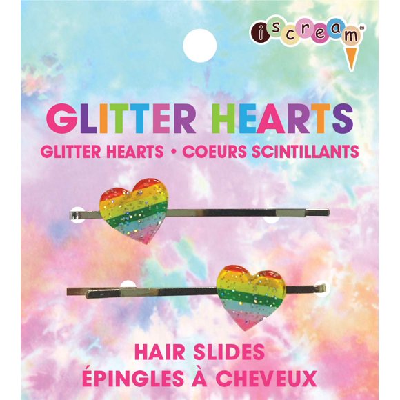 iscream Rainbow Glitter Hearts - Juego de 2 pasadores para el pelo adornados