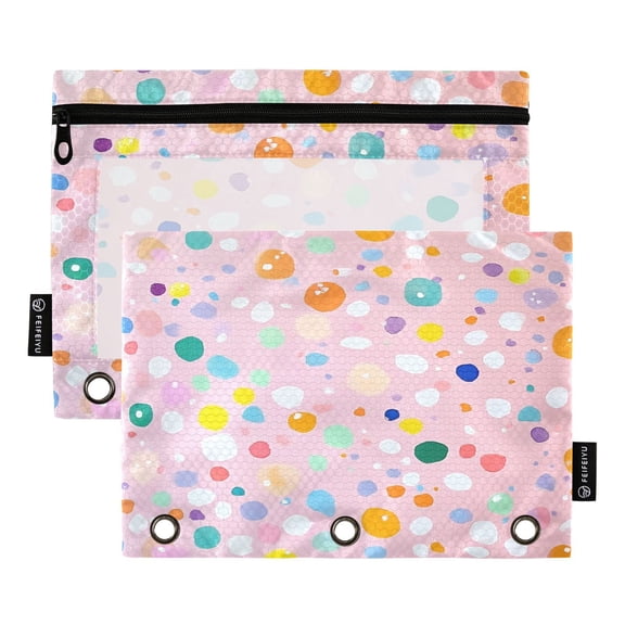 Iauyy Pencil Case for 3-Ring Binder, Transparent Window Pencil Box with Smooth Zipper, Large Capacity 3-Ring Binder Pencil Case, with 3 Reinforced Eyelet,Many Dots