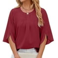 thumbnail image 3 of Women'S Casual Chiffon Blouse Tops 1/2 Ruffled Sleeve Crew Neck Loose Fit Blouses Shirts Wine Red XXL, 3 of 9