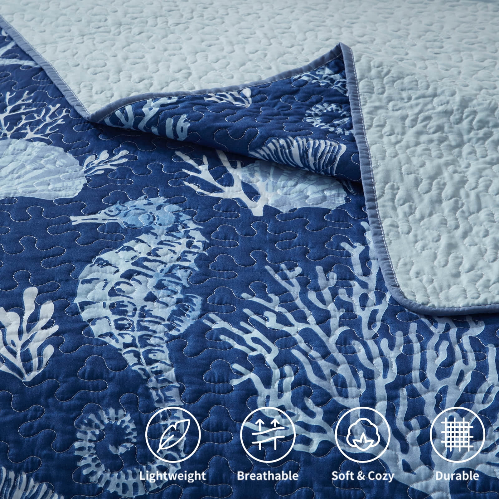Coastal Quilt Set Full/Queen Size - Lightweight Microfiber Reversible Bedspread, 90''x98'', Navy, Includes 2 Shams