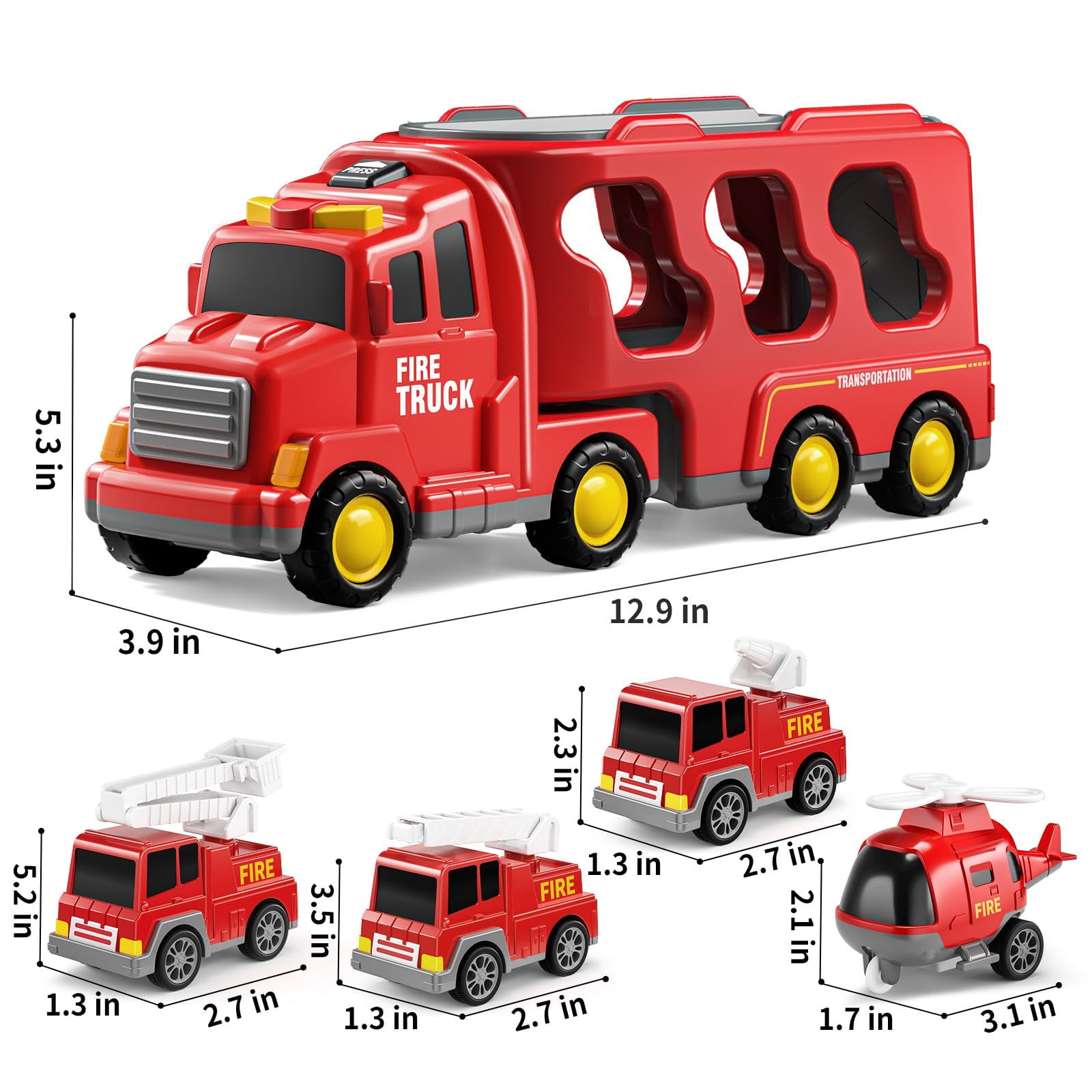 Fireman Truck Toys for 3 4 5 6 Years Old Boys Girls - 5 in 1 Carrier Truck Transport for Toddlers 1-3, Friction Power Vehicles for Kids 3-5, Christmas Birthday Gifts, Red