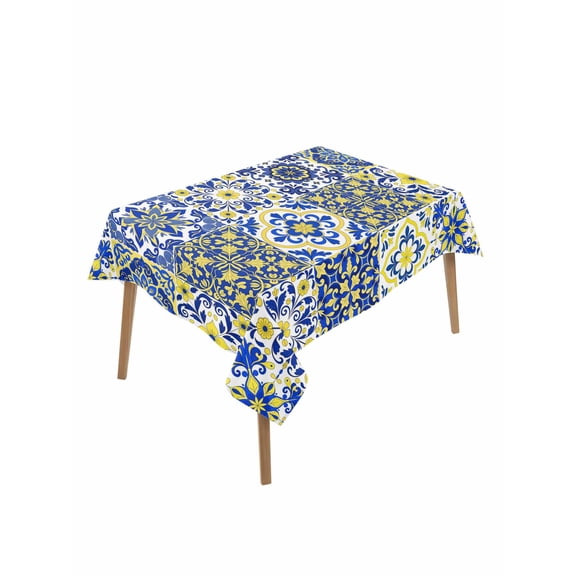 Middle Century Table Cloth, Waterproof Tablecloth for Rectangle Tables, Vintage Farmhouse Bohemia Style Blue Reusable Washable Fabric Table Cover for Restaurant Kitchen Dining Tables 60"x102"