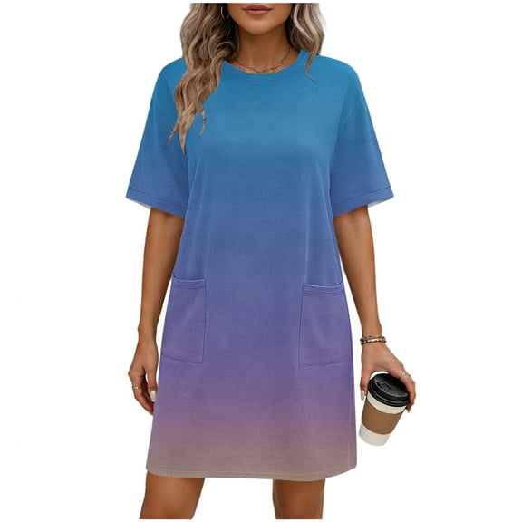 Kvture Women’s Casual Summer T Shirt Dress Gradient Short Sleeve Crewneck Tunic Dresses Beach Vacation Dress with Pockets Light Blue