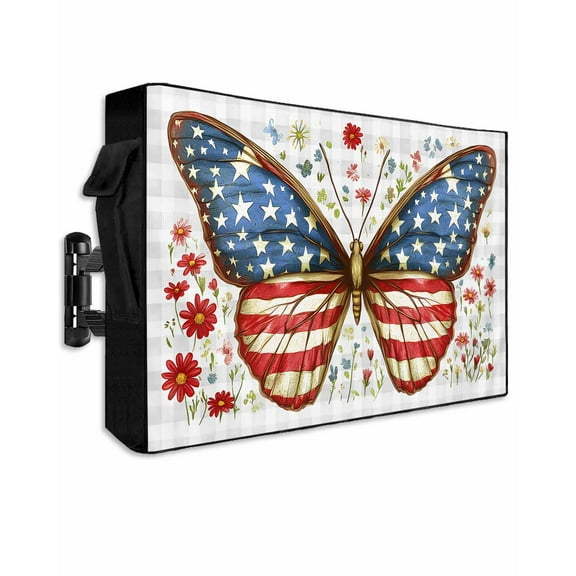 Independence Day Outdoor TV Cover 52 to 55 Inch Weatherproof, American Flag Butterfly Grey Plaid 600D Oxford TV Covers with Waterproof Zipper, Outside Flat TV Screen Protector Size 52"Wx19"Hx4.5"D
