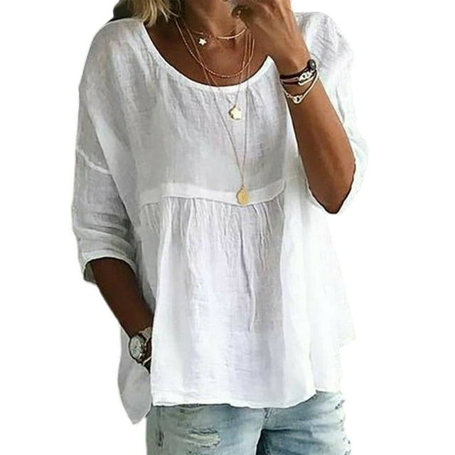 Fashnice T-shirt pour Femmes Col Rond T-shirt Imprimé Floral Hauts d'Été Tunique de Plage Décontractée Blouse Blanche TG
