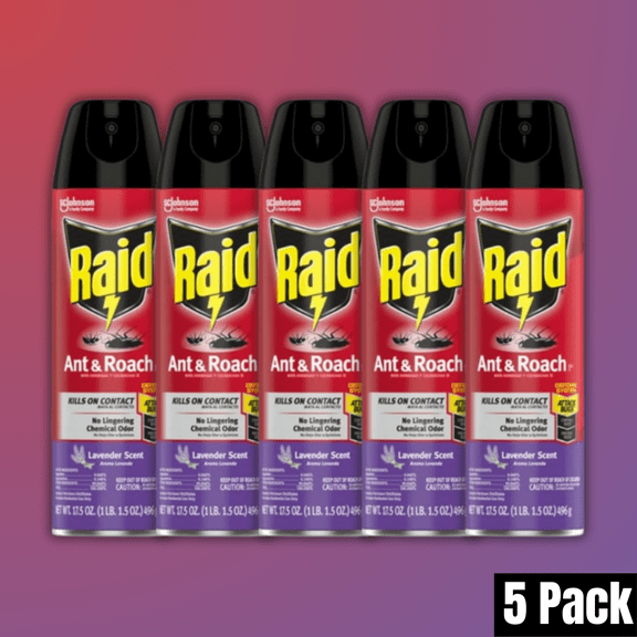 Raid Ant & Roach Killer Insecticide Aerosol Spray, Lavender Scent, 17.5 fl oz, 5 Pack