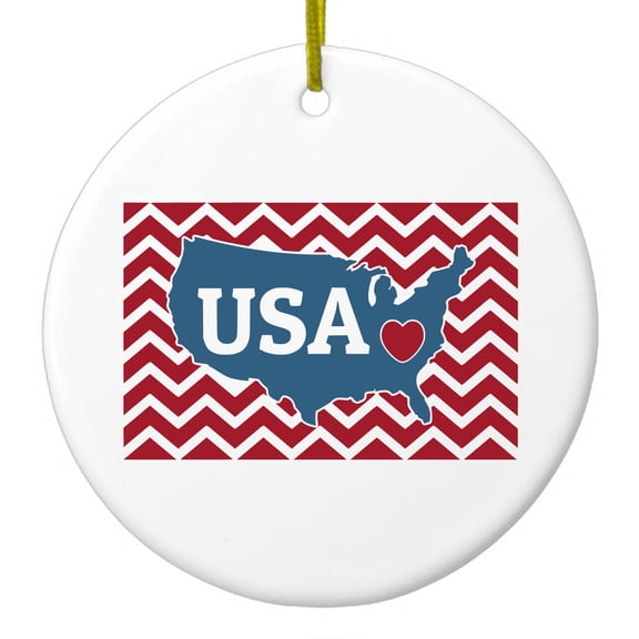 DistinctInk Hanging Ceramic Christmass Tree Ornament with Gold String - Great Gift / Present - 2 3/4 inch diameter - USA Map Heart Chevron Flag