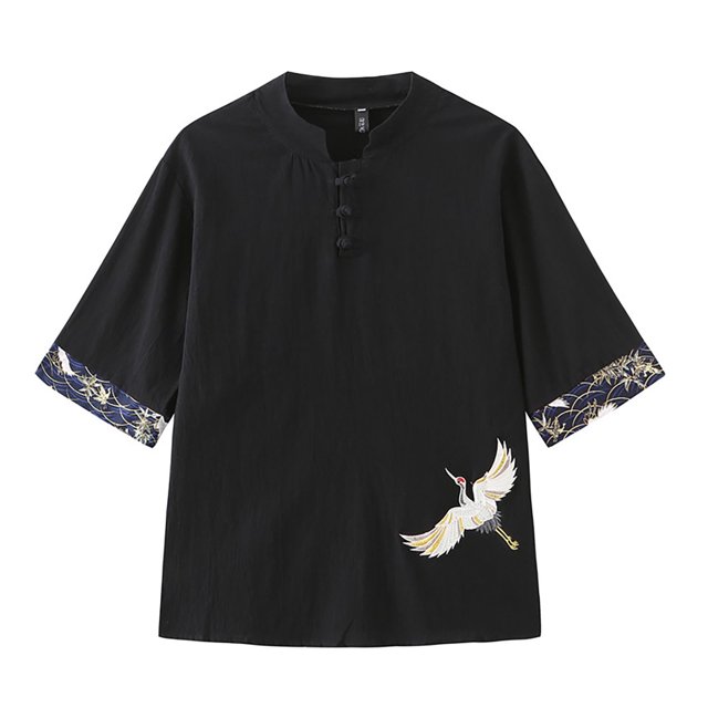 Camisas De Vestir Para Hombre Manga Corta Camisa de manga corta de algodón con cuello Vintage para hombre, ropa Tang, hebilla de placa, camisetas transpirables informales Hanfu para (Black, 4XL)