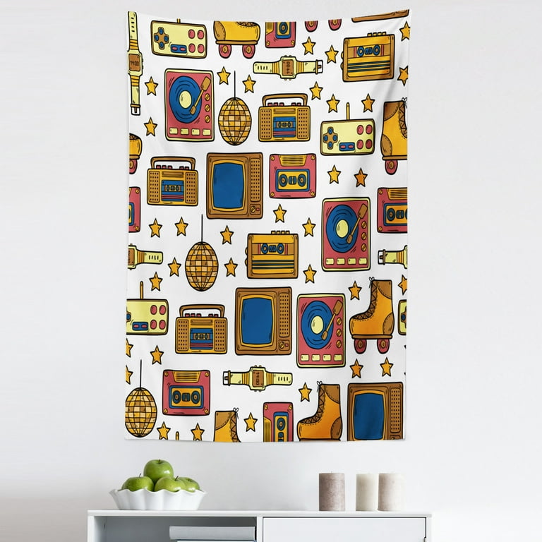 Vintage Tapestry 90s Theme with Old Style House Devices Roller Skate Shoes Fun Dance Style Retro Pattern Fabric Wall Hanging Decor for Bedroom