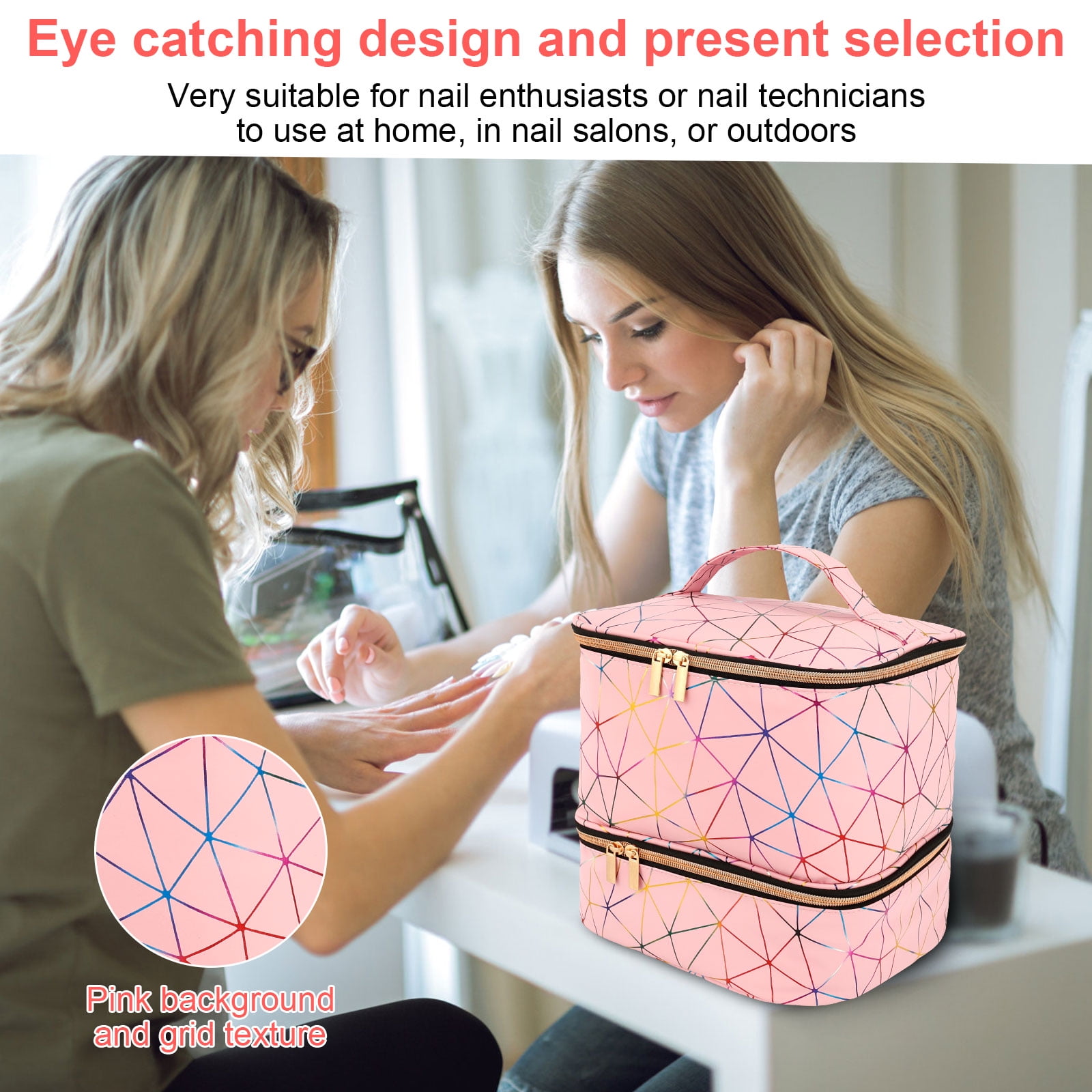 FUYGRCJ Compartmental Holographic Nail Polish Organizer Bag, Zipper Closure Double Layers Nail Supplies Storage Box for Home Travel Salon Use